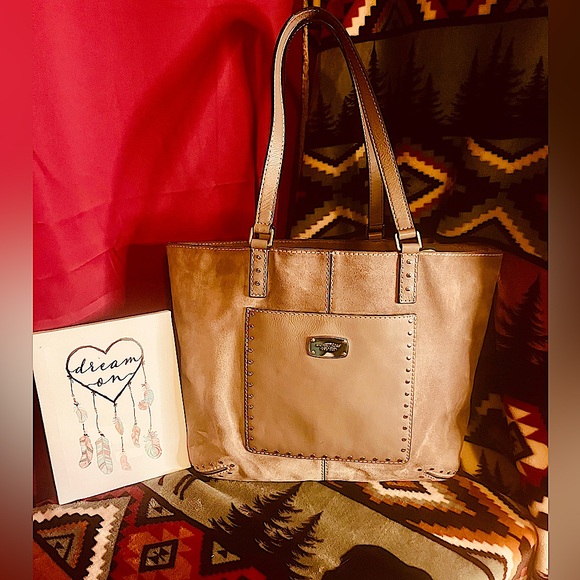 MICHAEL KORS ASTOR TAUPE SUEDE & LEATHER SILVER STUDDED TOTE - Picture 1 of 4